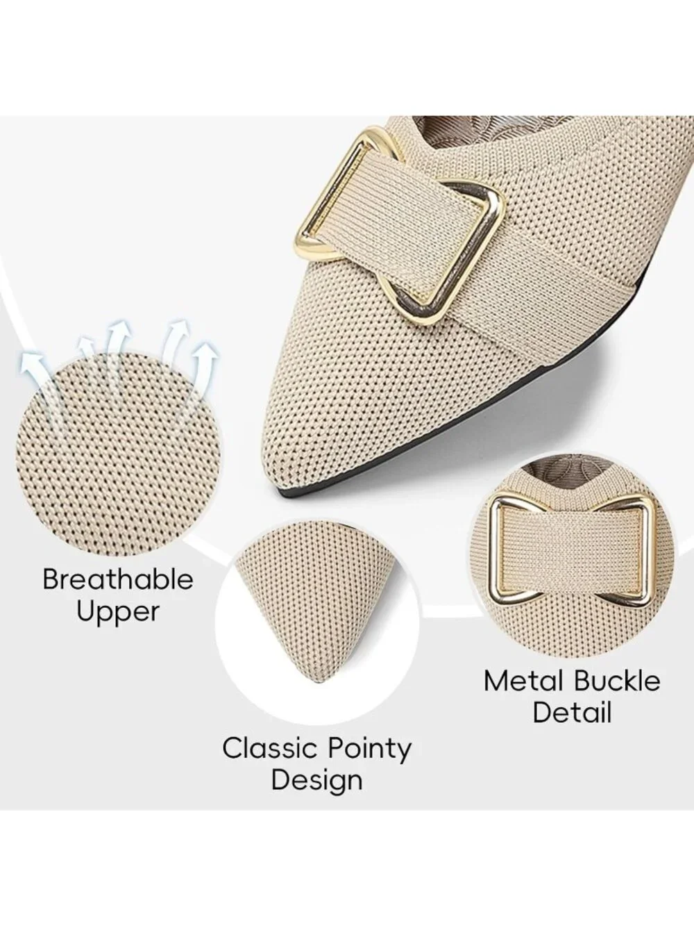 Women's Beige Comfortable Knit Ballet Flats Shoes Pointed Toe Dress Shoes